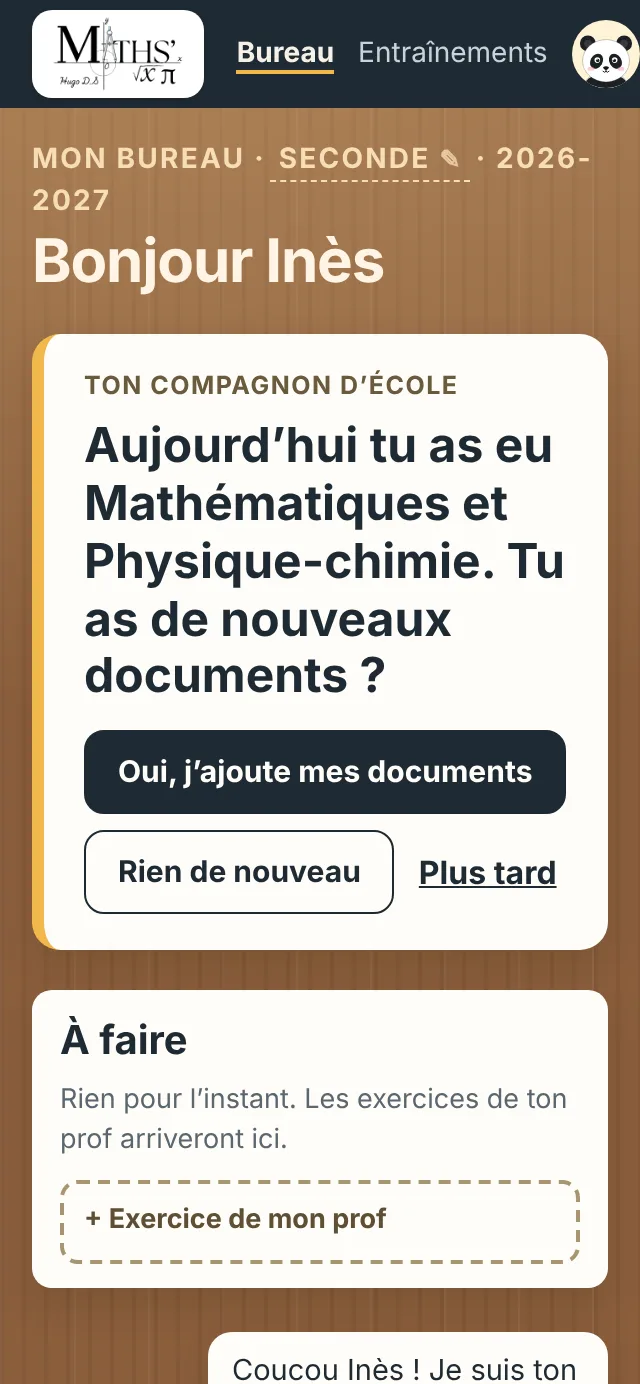 Le bureau sur téléphone : « Aujourd’hui tu as eu Mathématiques et Physique-chimie. Tu as de nouveaux documents ? »